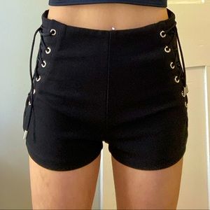 Black Side-Lace Stretchy High Waisted Shorts